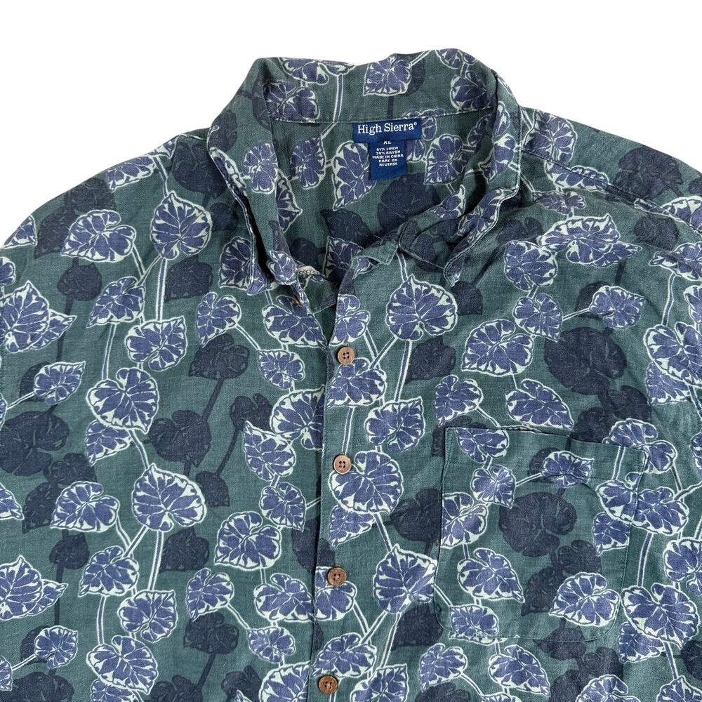 High Sierra Tropical Shirt Mens XL Linen Rayon Blue Green Floral Camp Button Up